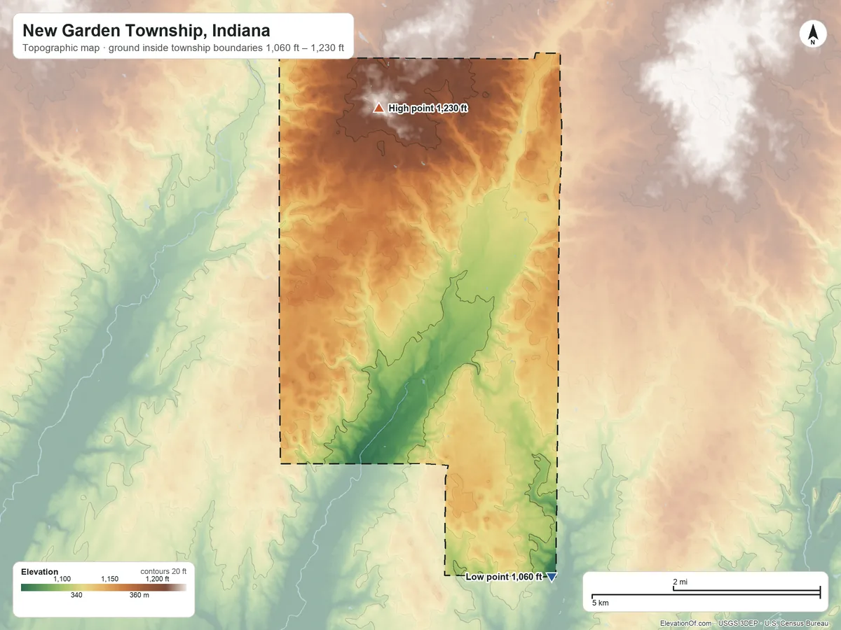 Topographic elevation map of New Garden Township, Indiana, shaded from 1,060 ft on the southeast side to 1,230 ft on the north side
