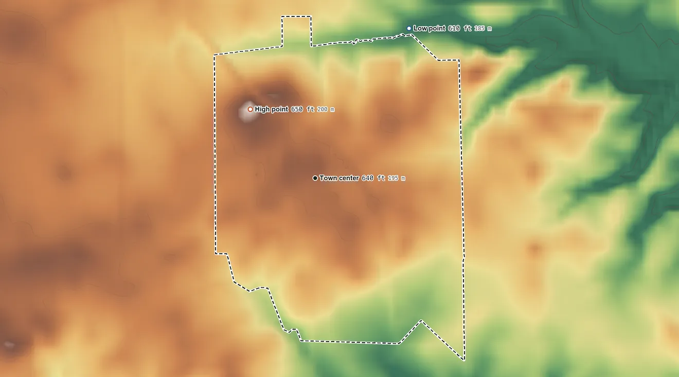 Topographic elevation map of New Goshen, Indiana, shaded from 610 ft on the northeast side to 650 ft on the northwest side