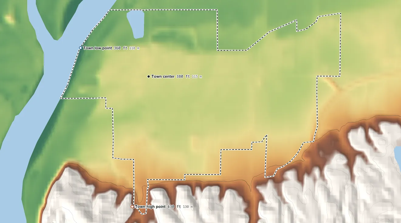 Topographic elevation map of New Harmony, Indiana, shaded from 360 ft on the northwest side to 430 ft on the south side