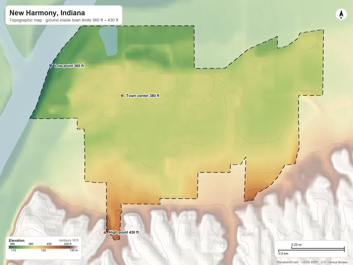 Topographic elevation map of New Harmony, Indiana, shaded from 360 ft on the northwest side to 430 ft on the south side