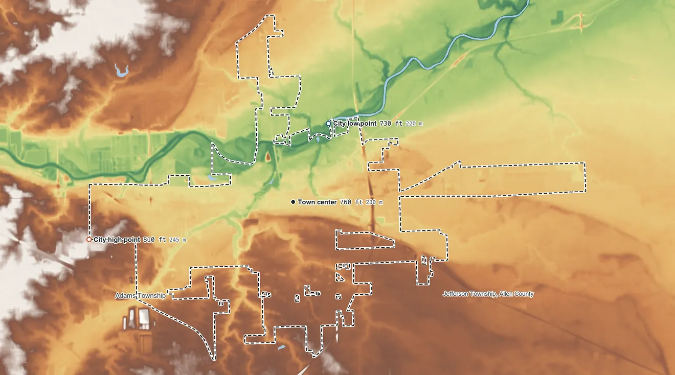 Topographic elevation map of New Haven, Indiana, shaded from 730 ft on the northeast side to 810 ft on the west side