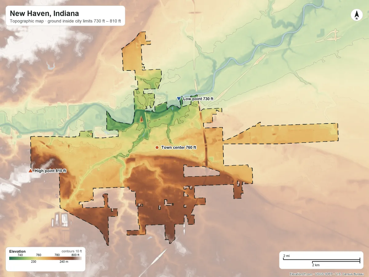 Topographic elevation map of New Haven, Indiana, shaded from 730 ft on the northeast side to 810 ft on the west side