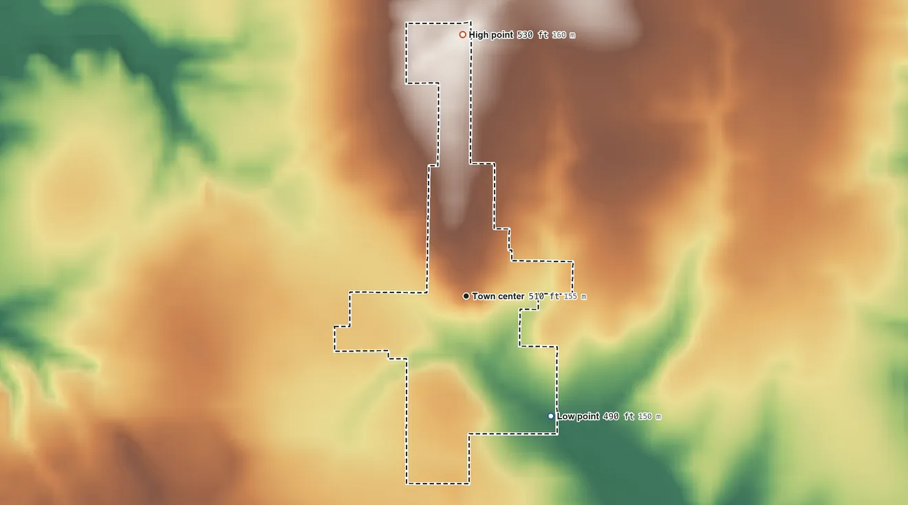 Topographic elevation map of New Lebanon, Indiana, shaded from 490 ft on the southeast side to 530 ft on the north side