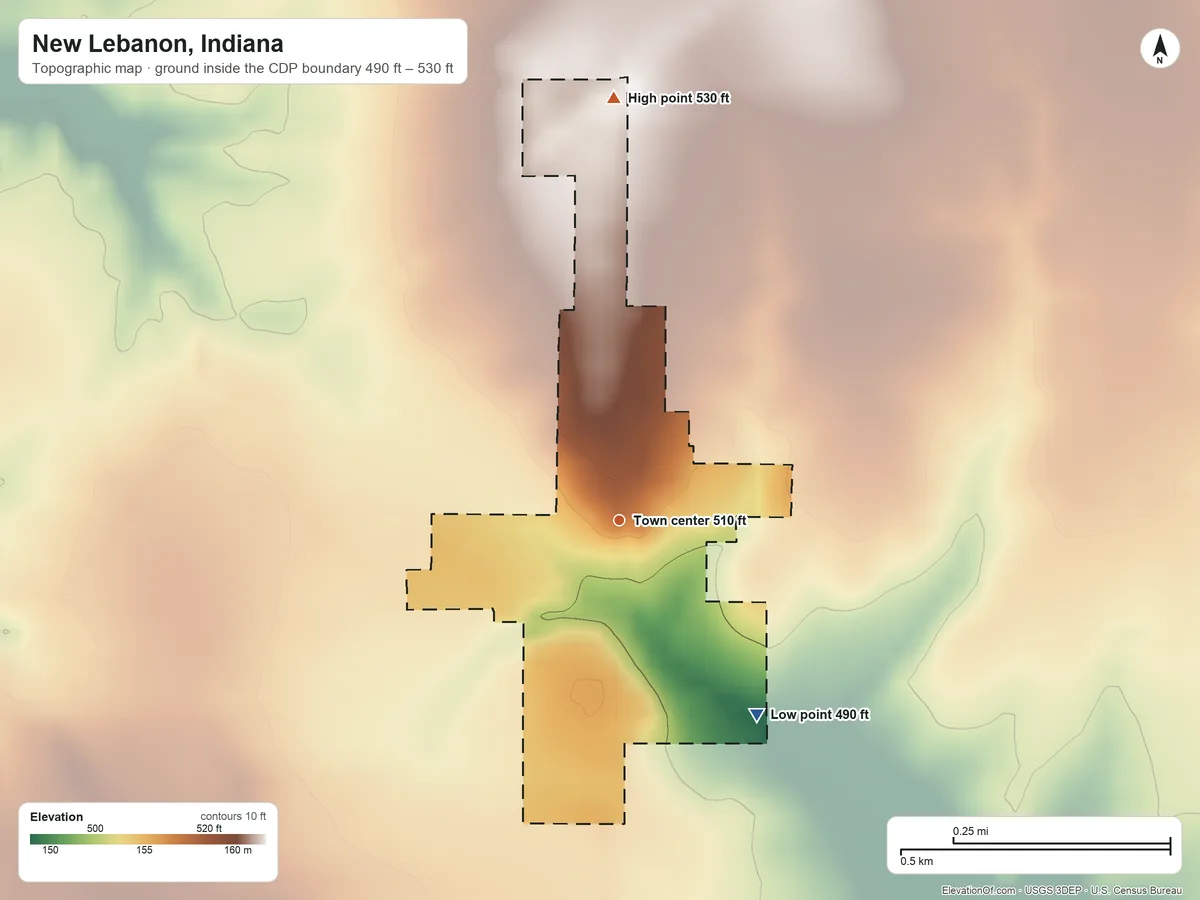 Topographic elevation map of New Lebanon, Indiana, shaded from 490 ft on the southeast side to 530 ft on the north side