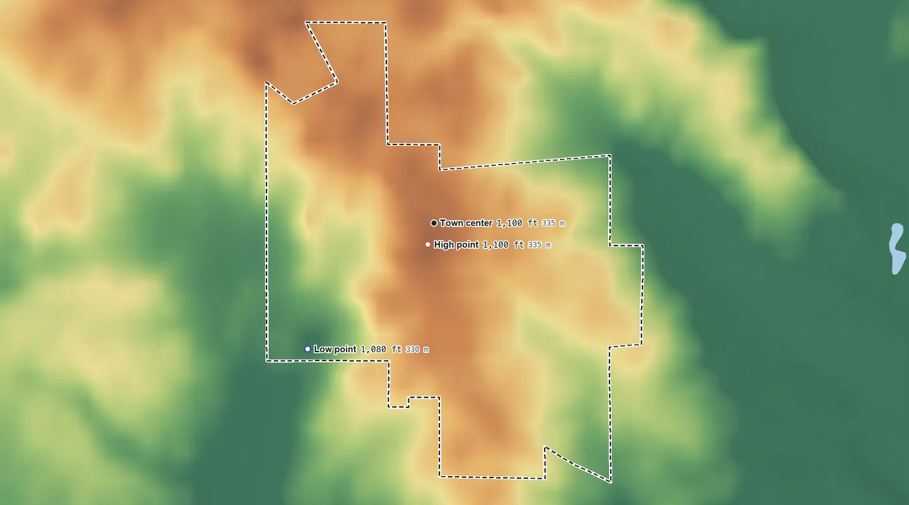 Topographic elevation map of New Lisbon, Indiana, shaded from 1,080 ft on the southwest side to 1,100 ft near the middle