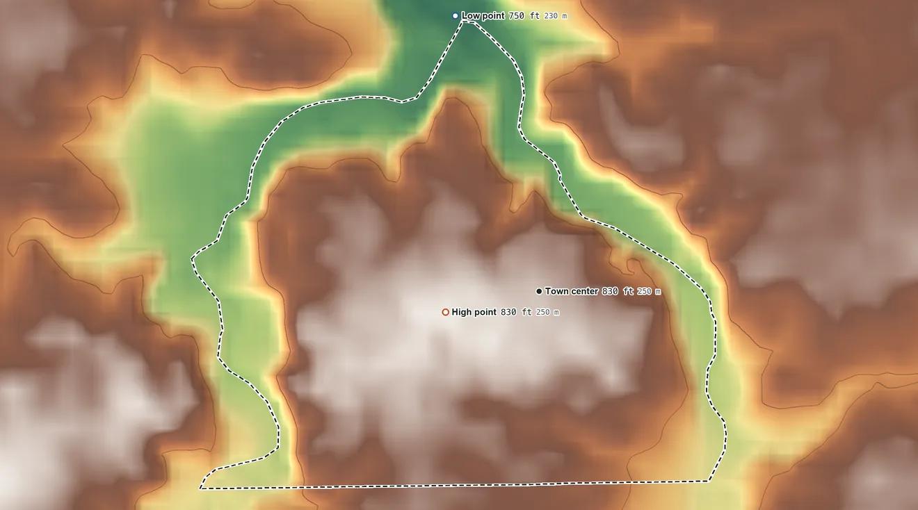 Topographic elevation map of New London, Indiana, shaded from 750 ft on the north side to 830 ft on the west side