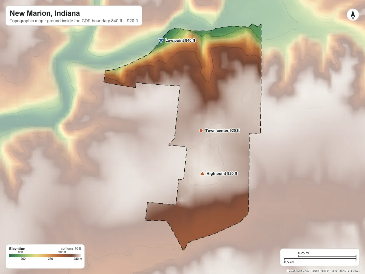Topographic elevation map of New Marion, Indiana, shaded from 840 ft on the northwest side to 920 ft on the south side