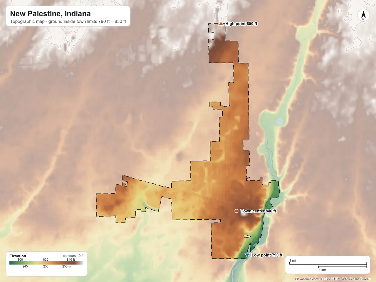 Topographic elevation map of New Palestine, Indiana, shaded from 790 ft on the south side to 850 ft on the north side