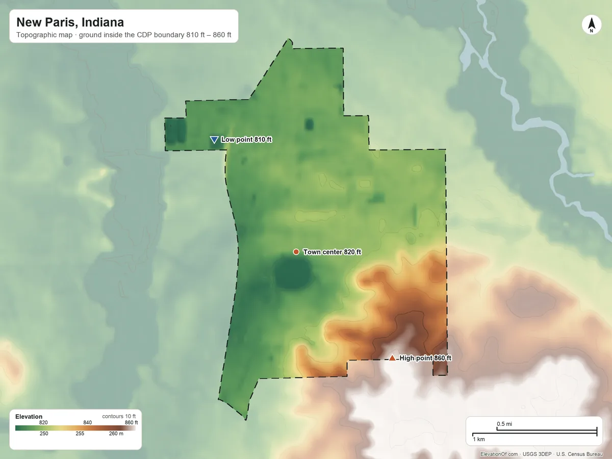 Topographic elevation map of New Paris, Indiana, shaded from 810 ft on the northwest side to 860 ft on the southeast side