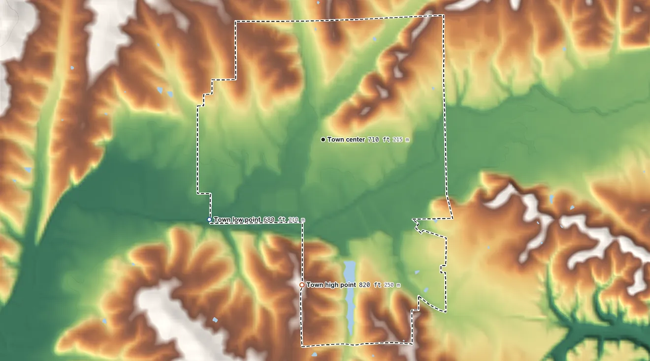 Topographic elevation map of New Pekin, Indiana, shaded from 680 ft on the southwest side to 820 ft on the south side