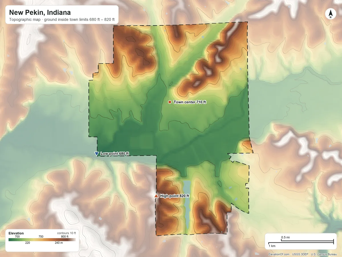 Topographic elevation map of New Pekin, Indiana, shaded from 680 ft on the southwest side to 820 ft on the south side