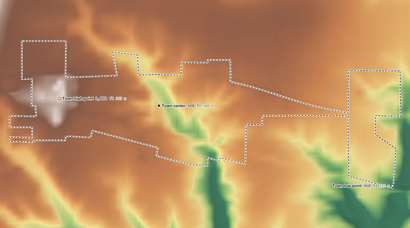 Topographic elevation map of New Point, Indiana, shaded from 960 ft on the east side to 1,000 ft on the west side