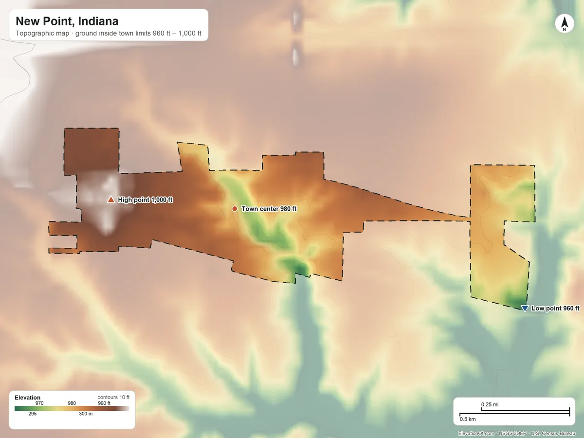 Topographic elevation map of New Point, Indiana, shaded from 960 ft on the east side to 1,000 ft on the west side