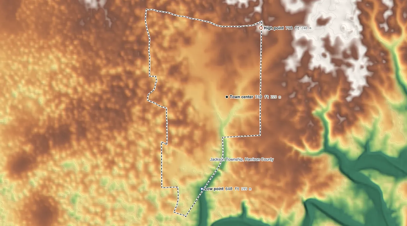 Topographic elevation map of New Salisbury, Indiana, shaded from 640 ft on the south side to 790 ft on the northeast side