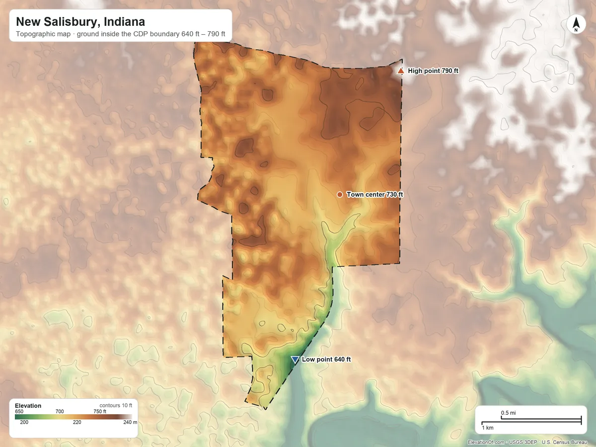 Topographic elevation map of New Salisbury, Indiana, shaded from 640 ft on the south side to 790 ft on the northeast side
