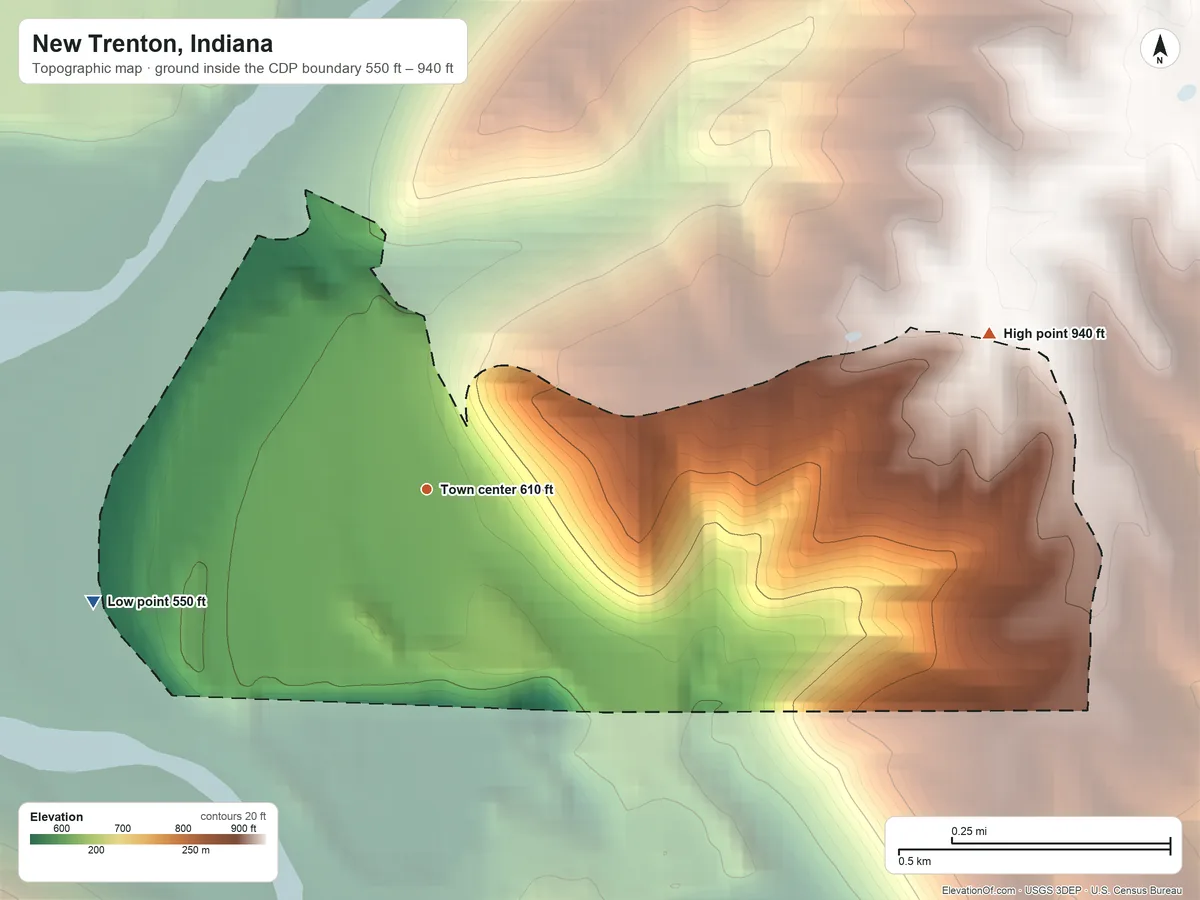 Topographic elevation map of New Trenton, Indiana, shaded from 550 ft on the west side to 940 ft on the east edge, below higher ground just outside