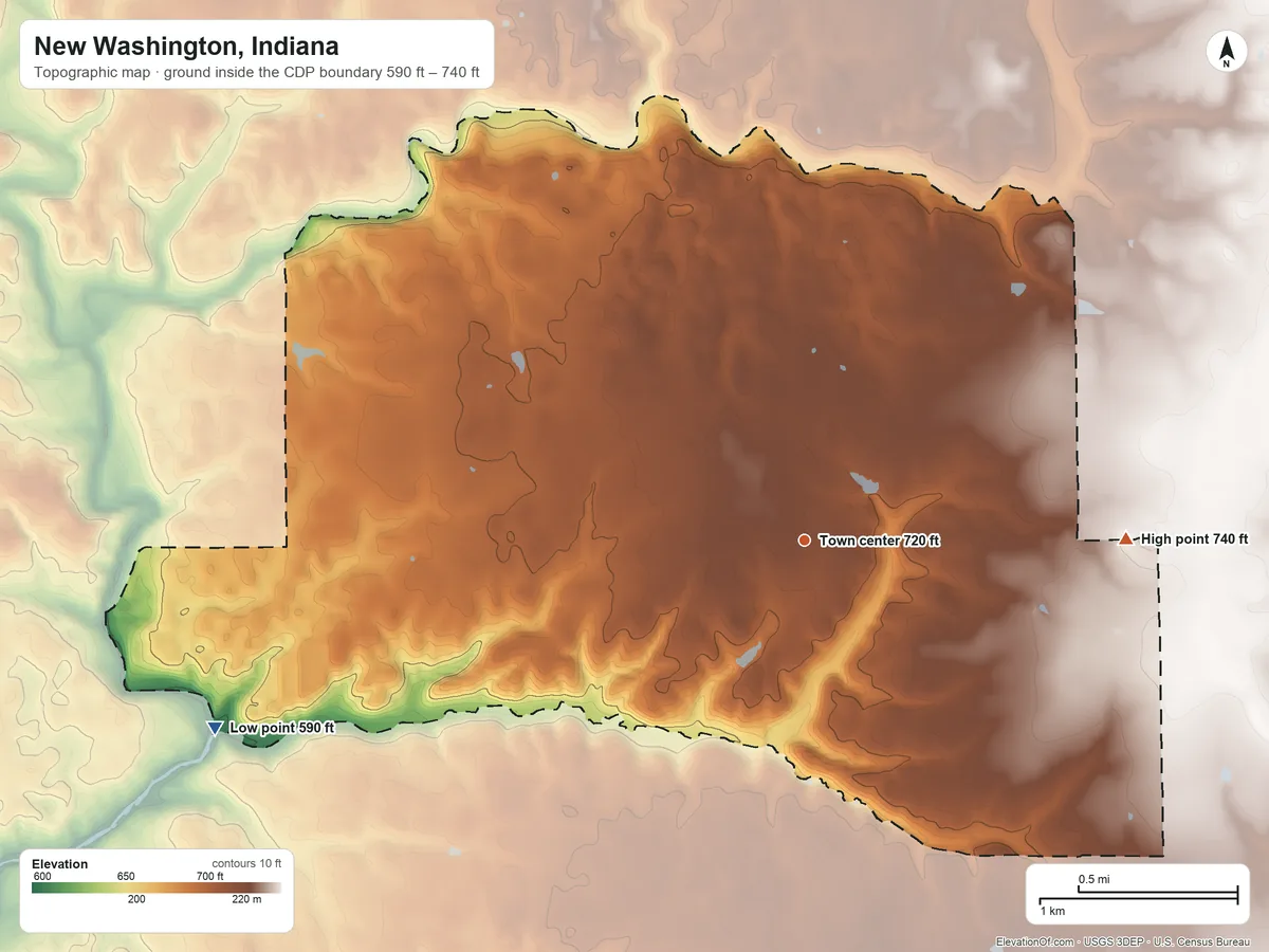 Topographic elevation map of New Washington, Indiana, shaded from 590 ft on the west side to 740 ft on the east side