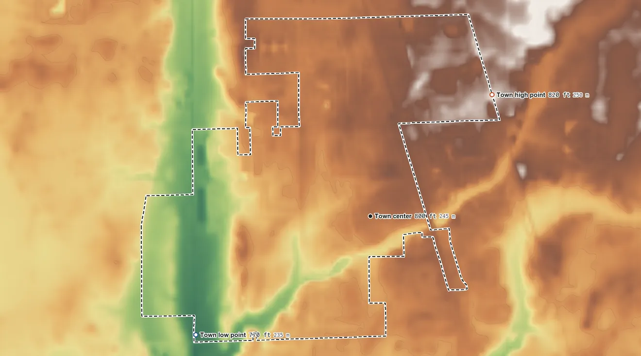 Topographic elevation map of New Whiteland, Indiana, shaded from 770 ft on the southwest side to 820 ft on the northeast side