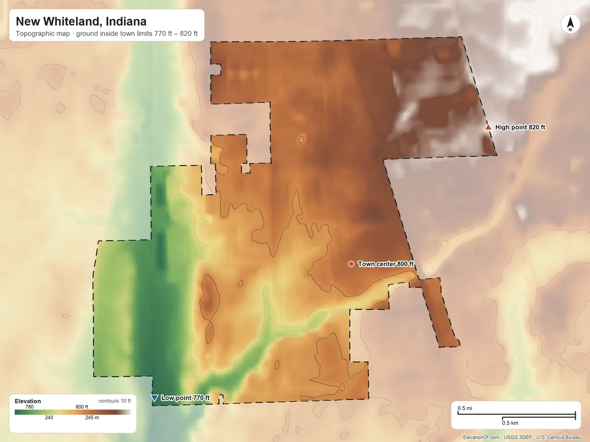 Topographic elevation map of New Whiteland, Indiana, shaded from 770 ft on the southwest side to 820 ft on the northeast side