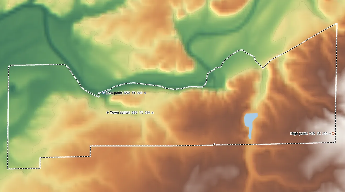 Topographic elevation map of Newbern, Indiana, shaded from 650 ft near the middle to 740 ft on the east side