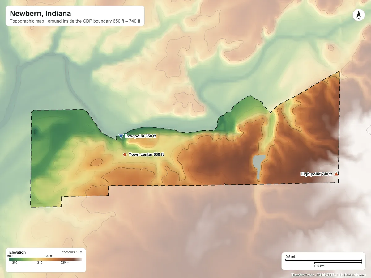 Topographic elevation map of Newbern, Indiana, shaded from 650 ft near the middle to 740 ft on the east side
