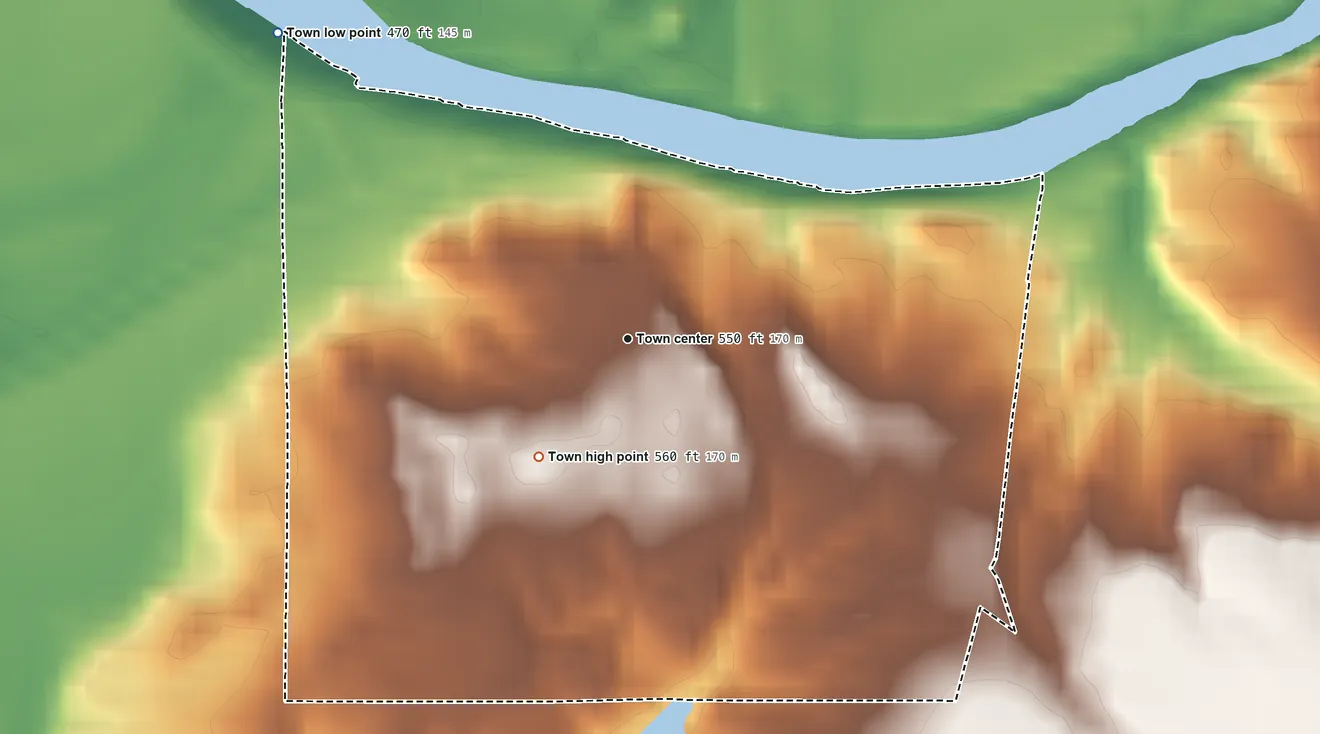 Topographic elevation map of Newberry, Indiana, shaded from 470 ft on the northwest side to 560 ft on the southwest side