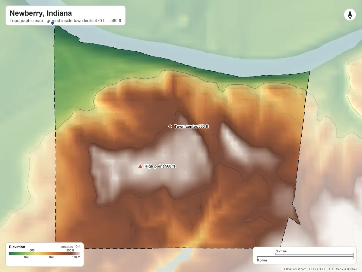 Topographic elevation map of Newberry, Indiana, shaded from 470 ft on the northwest side to 560 ft on the southwest side