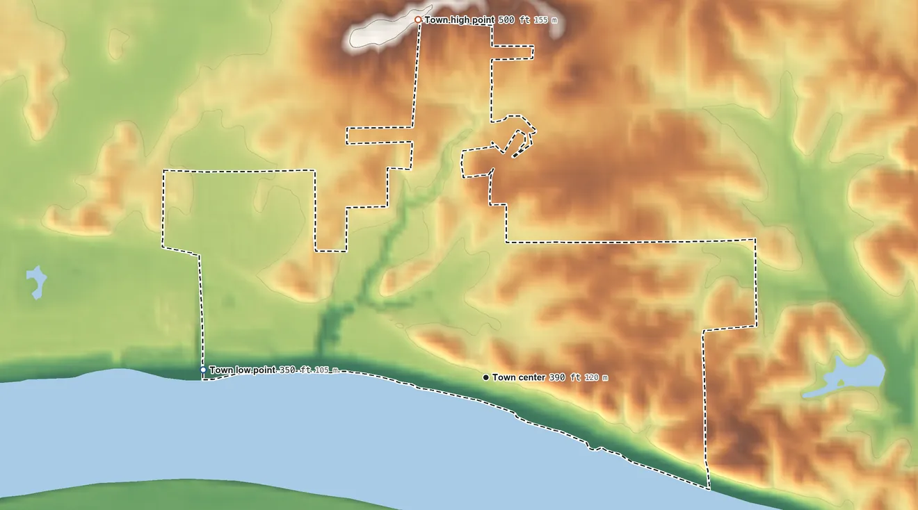 Topographic elevation map of Newburgh, Indiana, shaded from 350 ft on the west side to 500 ft on the north side