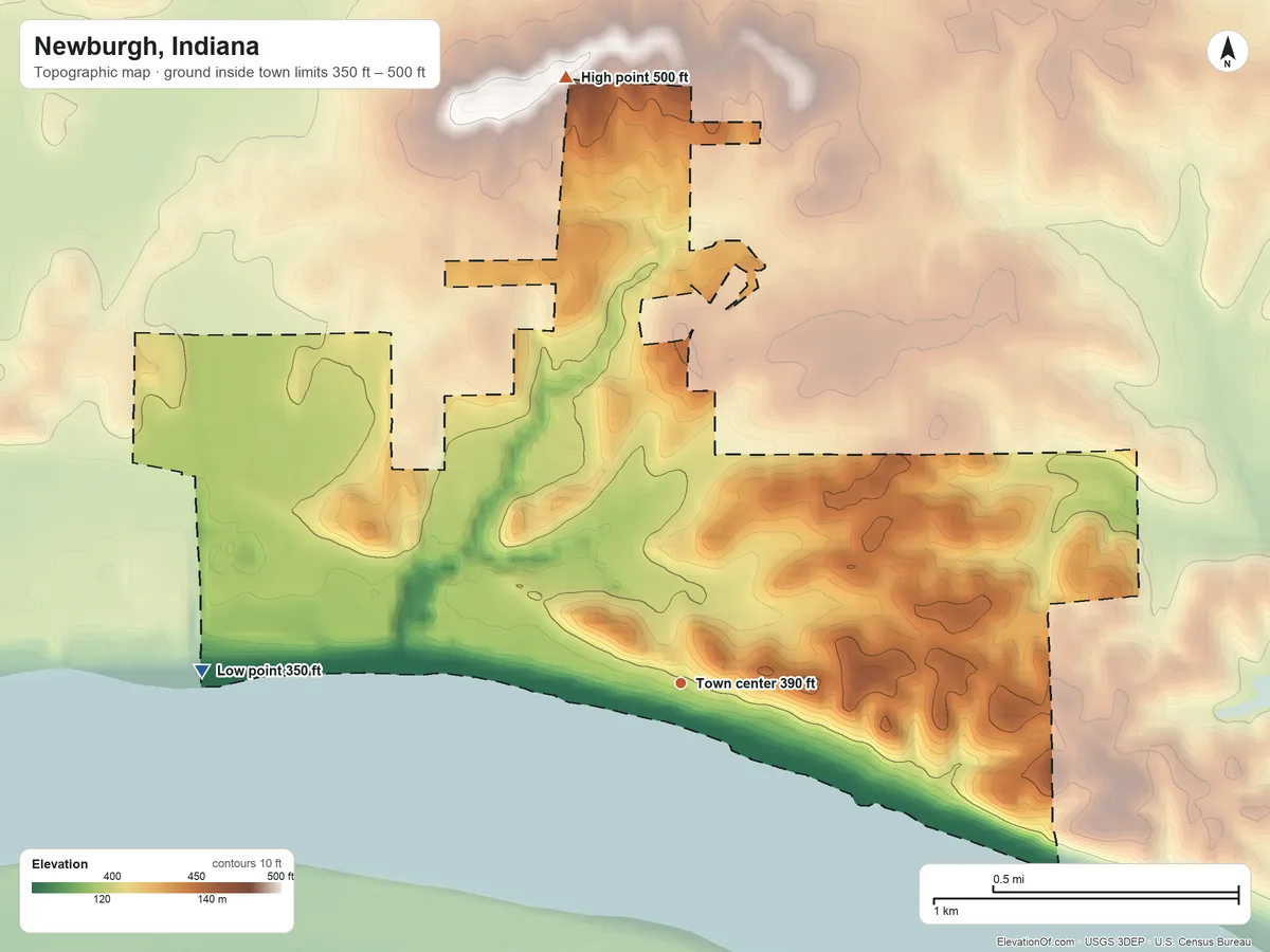 Topographic elevation map of Newburgh, Indiana, shaded from 350 ft on the west side to 500 ft on the north side
