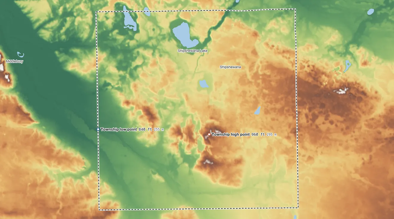 Topographic elevation map of Newbury Township, Indiana, shaded from 840 ft on the west side to 960 ft on the south side
