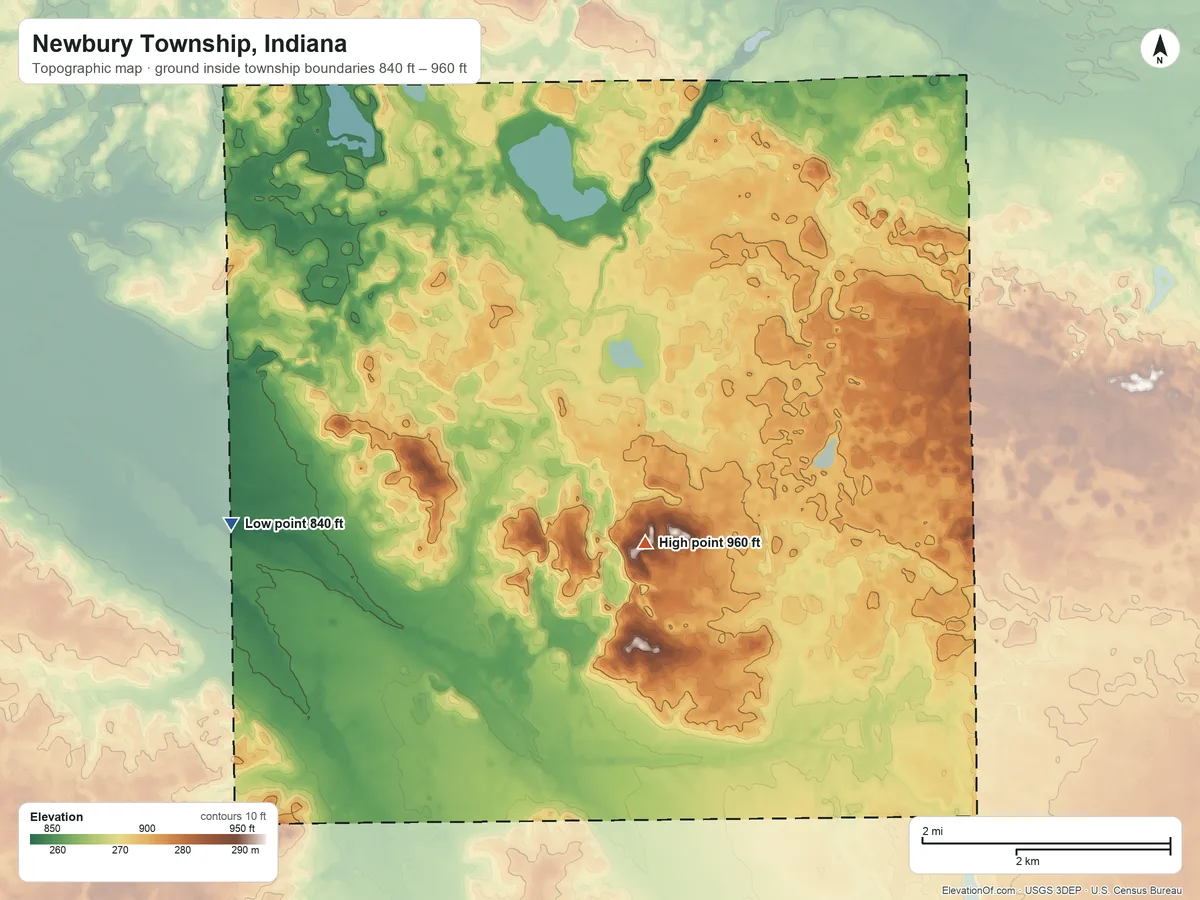 Topographic elevation map of Newbury Township, Indiana, shaded from 840 ft on the west side to 960 ft on the south side