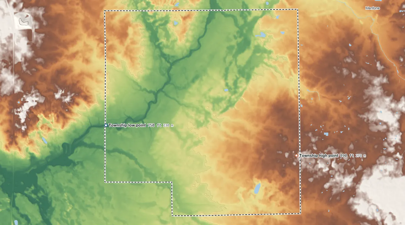 Topographic elevation map of Newcastle Township, Indiana, shaded from 750 ft on the southwest side to 890 ft on the southeast side