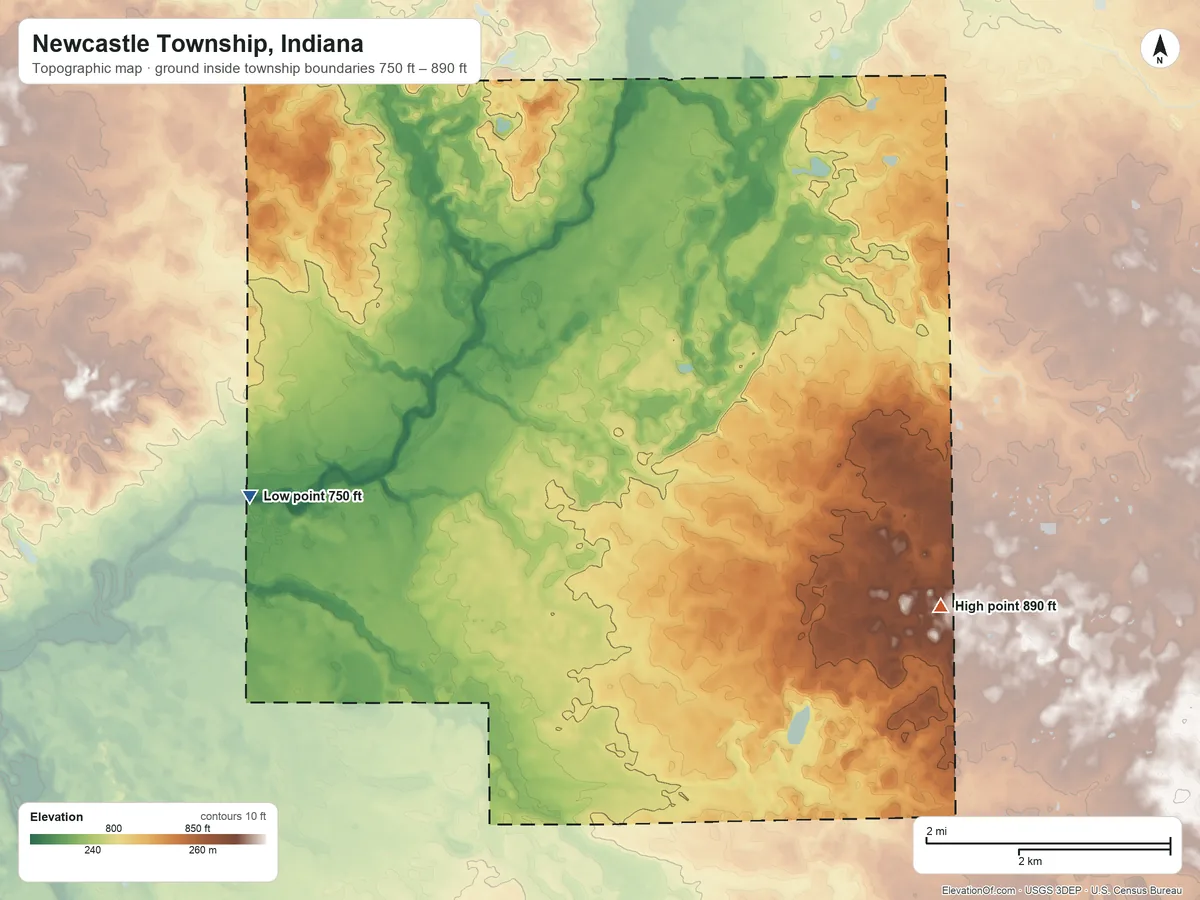 Topographic elevation map of Newcastle Township, Indiana, shaded from 750 ft on the southwest side to 890 ft on the southeast side