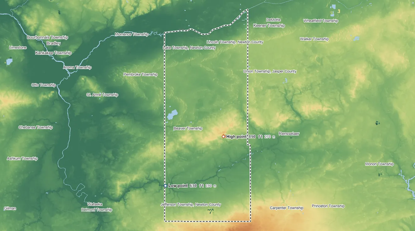 Topographic elevation map of Newton County, Indiana, shaded from 630 ft on the southwest side to 890 ft on the southeast side