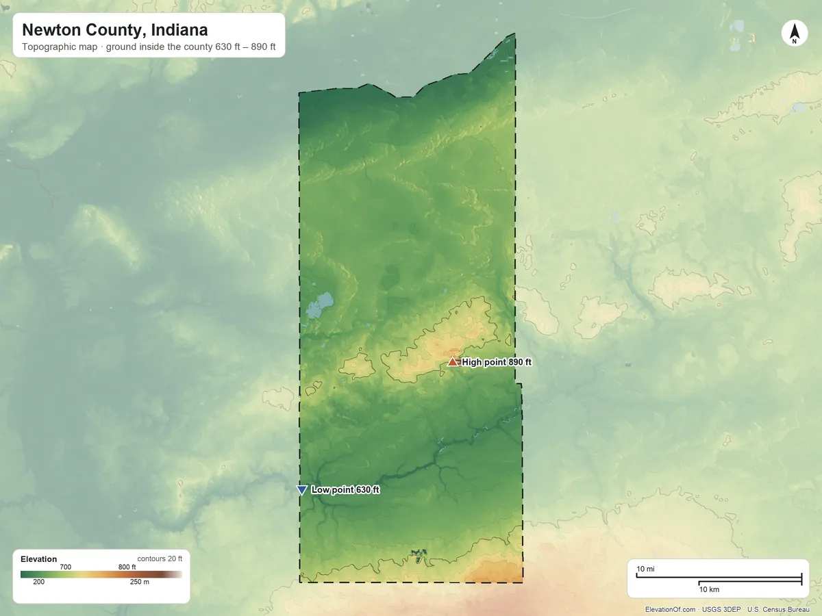 Topographic elevation map of Newton County, Indiana, shaded from 630 ft on the southwest side to 890 ft on the southeast side