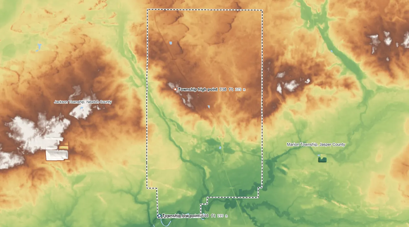 Topographic elevation map of Newton Township, Indiana, shaded from 640 ft on the southwest side to 730 ft on the northwest side
