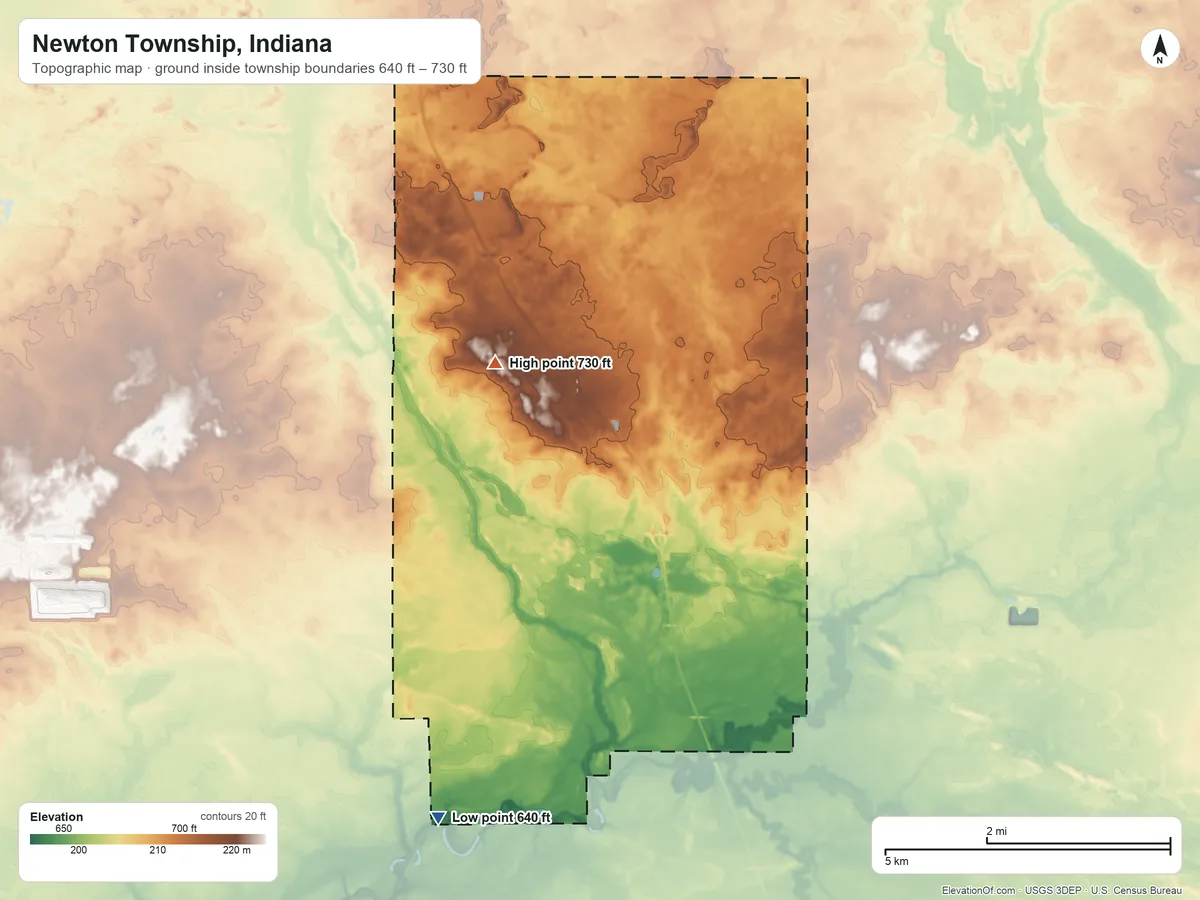 Topographic elevation map of Newton Township, Indiana, shaded from 640 ft on the southwest side to 730 ft on the northwest side