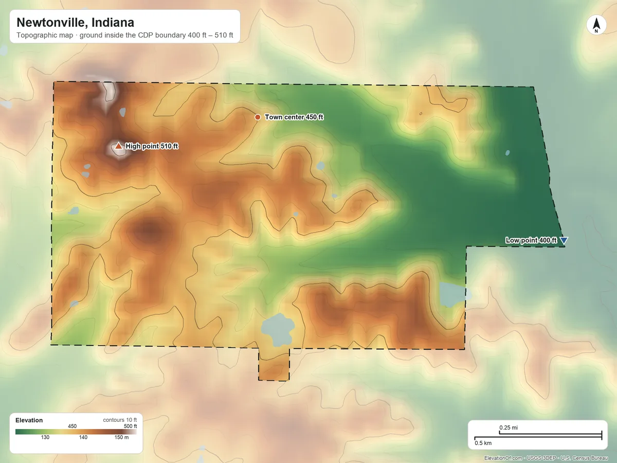 Topographic elevation map of Newtonville, Indiana, shaded from 400 ft on the east side to 510 ft on the west side