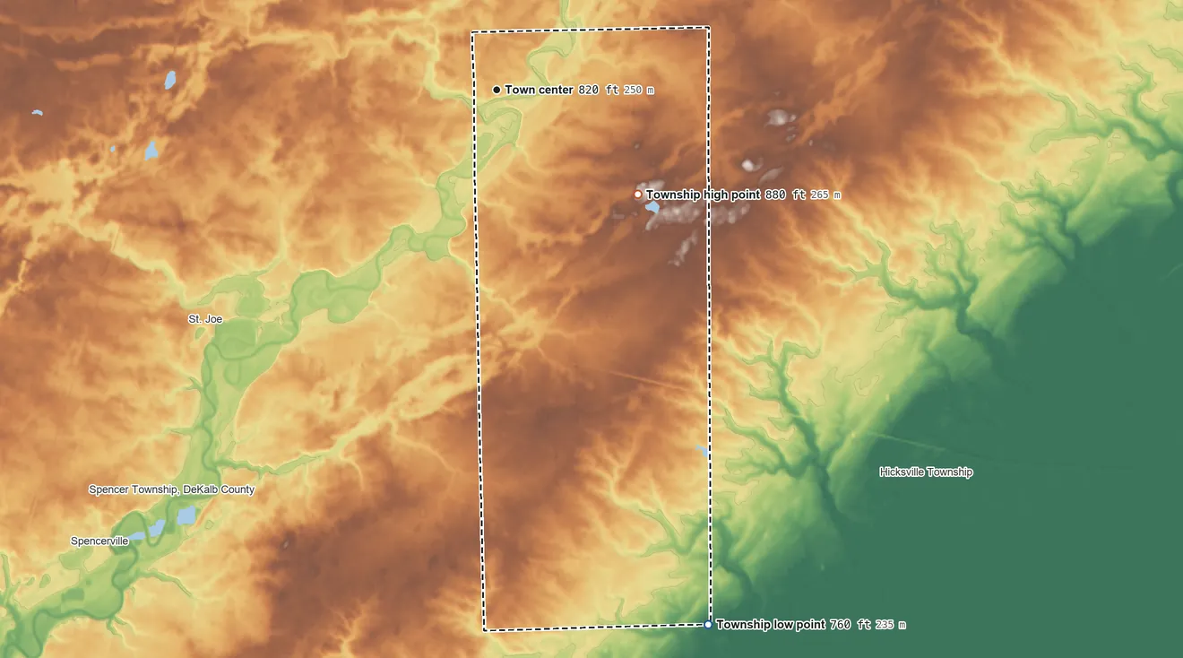 Topographic elevation map of Newville Township, Indiana, shaded from 760 ft on the south side to 880 ft on the southeast side