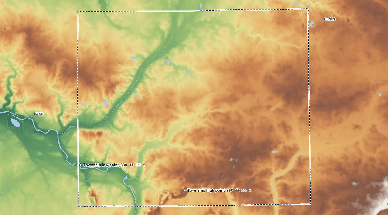 Topographic elevation map of Niles Township, Indiana, shaded from 880 ft on the west side to 990 ft on the southwest side