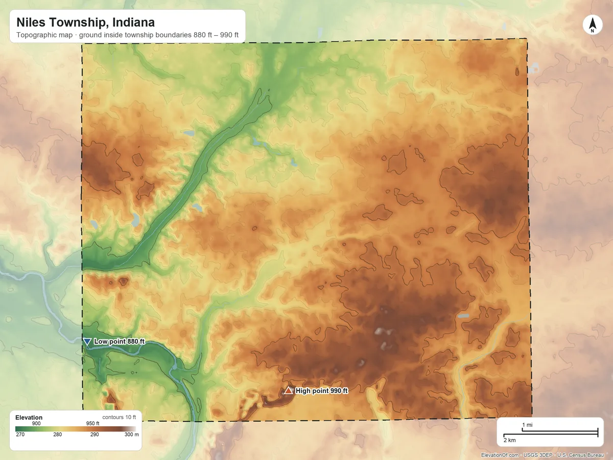 Topographic elevation map of Niles Township, Indiana, shaded from 880 ft on the west side to 990 ft on the southwest side