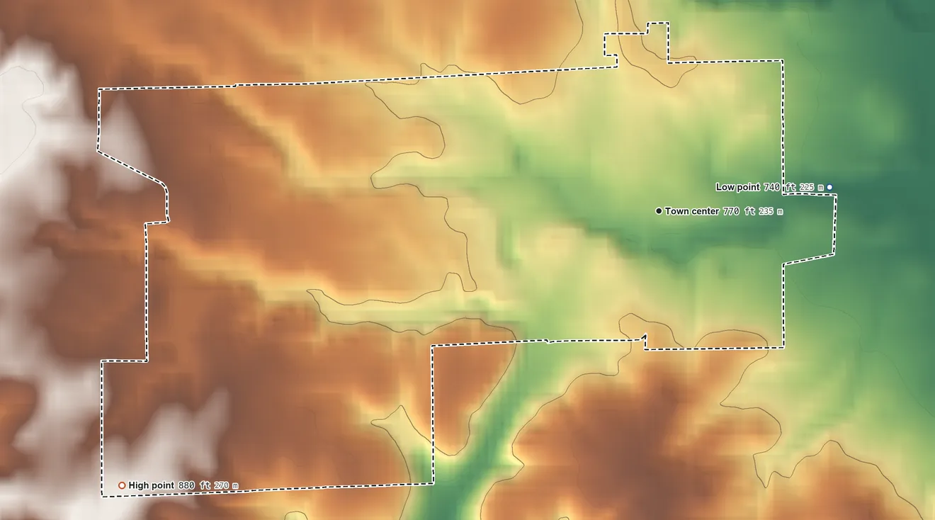 Topographic elevation map of Nineveh, Indiana, shaded from 740 ft on the east side to 880 ft on the southwest side