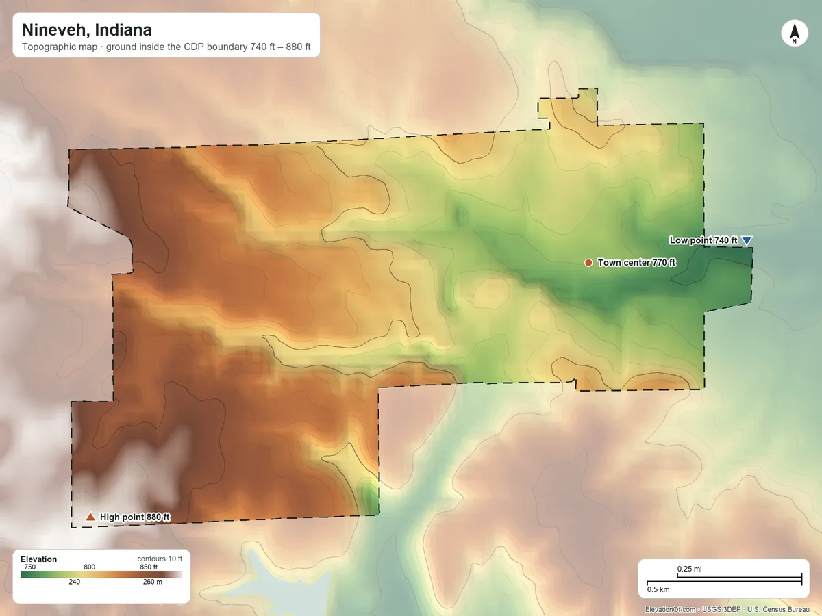 Topographic elevation map of Nineveh, Indiana, shaded from 740 ft on the east side to 880 ft on the southwest side