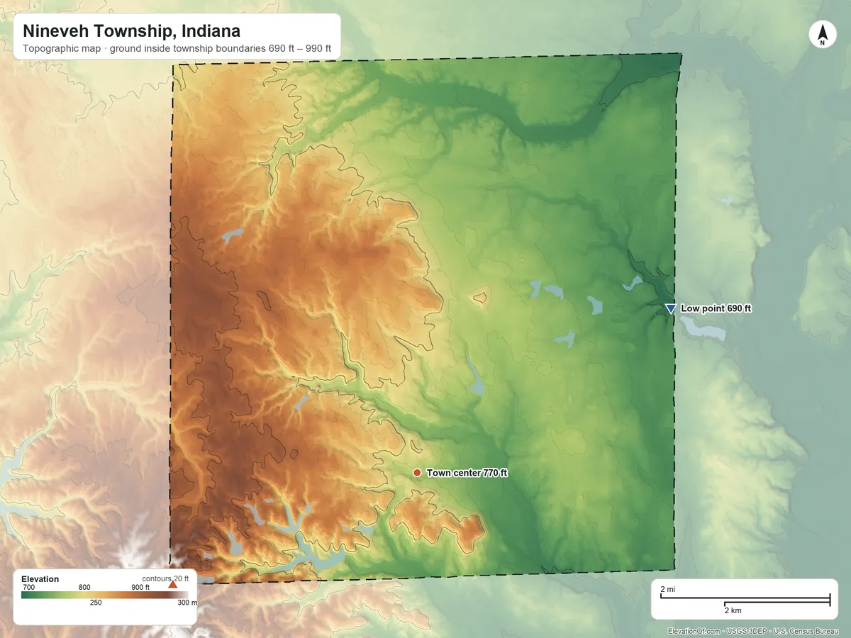 Topographic elevation map of Nineveh Township, Indiana, shaded from 690 ft on the northeast side to 990 ft on the southwest side
