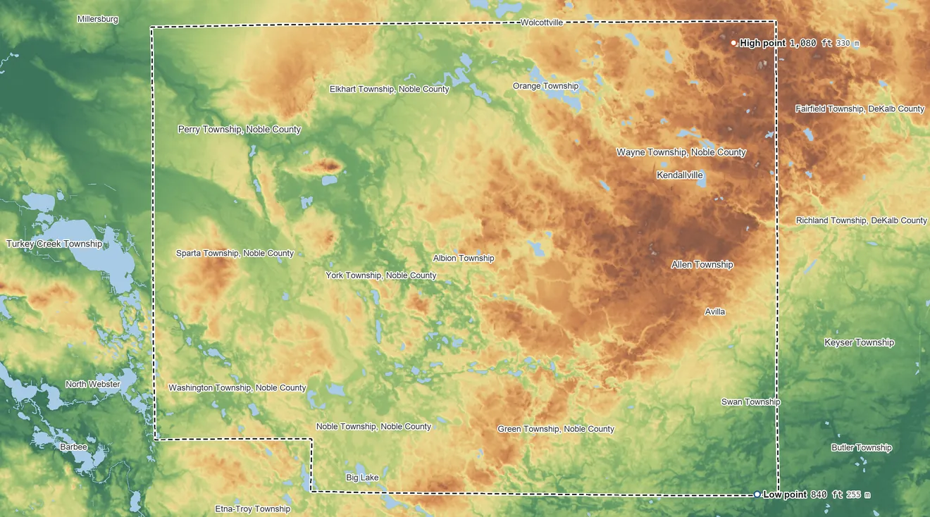 Topographic elevation map of Noble County, Indiana, shaded from 840 ft on the southeast side to 1,080 ft on Sand Hill