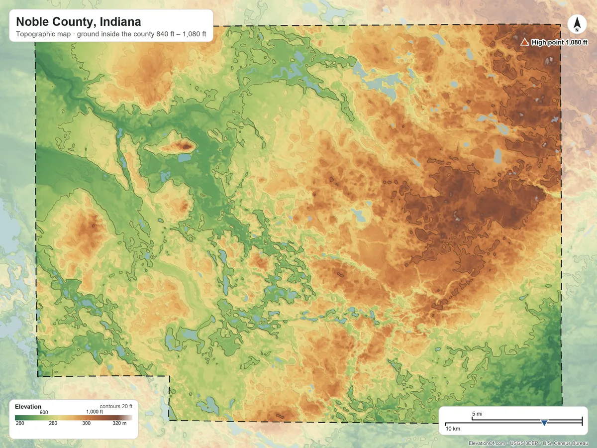 Topographic elevation map of Noble County, Indiana, shaded from 840 ft on the southeast side to 1,080 ft on Sand Hill