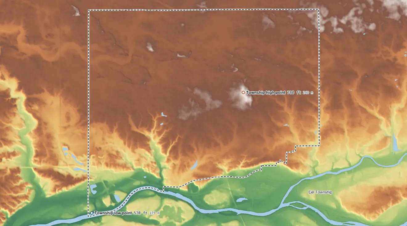 Topographic elevation map of Noble Township, Cass County, Indiana, shaded from 570 ft on the southwest side to 780 ft near the middle