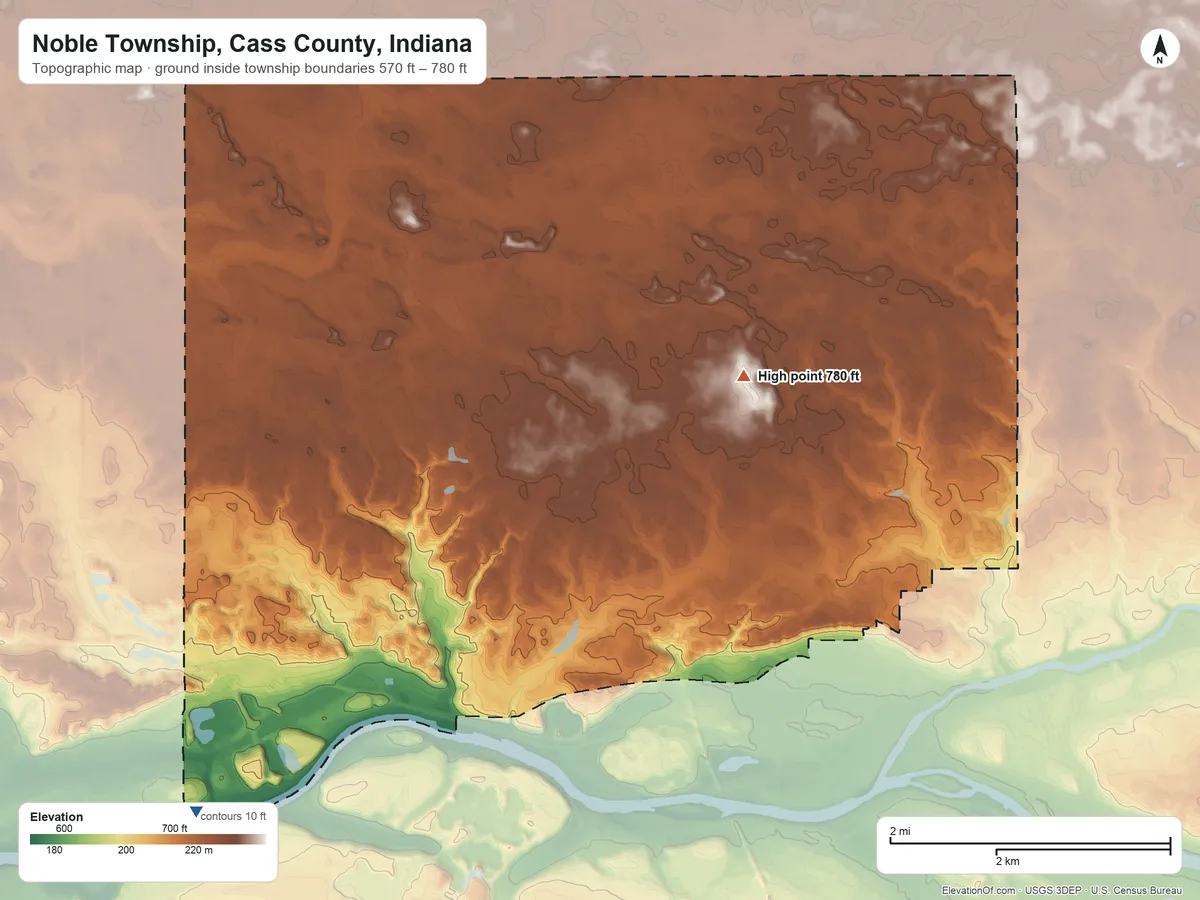 Topographic elevation map of Noble Township, Cass County, Indiana, shaded from 570 ft on the southwest side to 780 ft near the middle