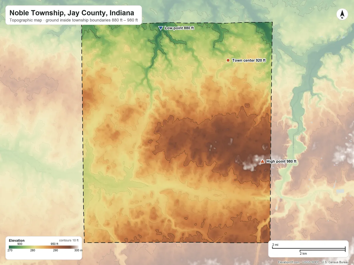 Topographic elevation map of Noble Township, Jay County, Indiana, shaded from 880 ft on the northwest side to 980 ft on the south side