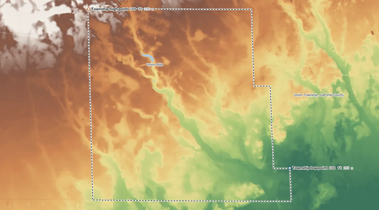 Topographic elevation map of Noble Township, LaPorte County, Indiana, shaded from 680 ft on the southeast side to 780 ft on the northwest side